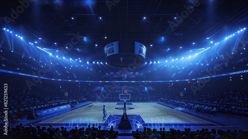 A basketball game in an arena with bright lights and a full crowd watching, dark. and blue lighting