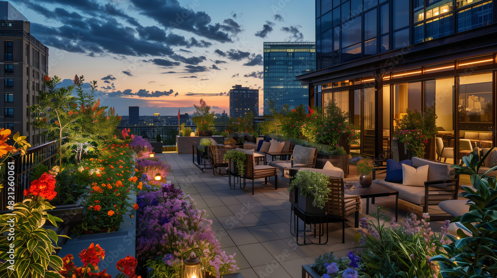 The rooftop garden terrace, decorated with blooming flowers and cozy seating areas, offers guests a peaceful refuge amidst the urban landscape. The rooftop garden terrace, decorated with blooming flowers and cozy seating areas, offers guests a peaceful refuge amidst the urban landscape.