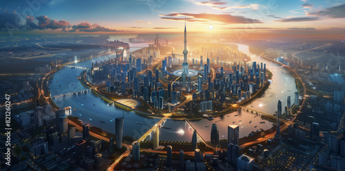 Aerial view of a futuristic Asian megacity at dusk, integrating sustainable energy solutions and smart urban planning photo