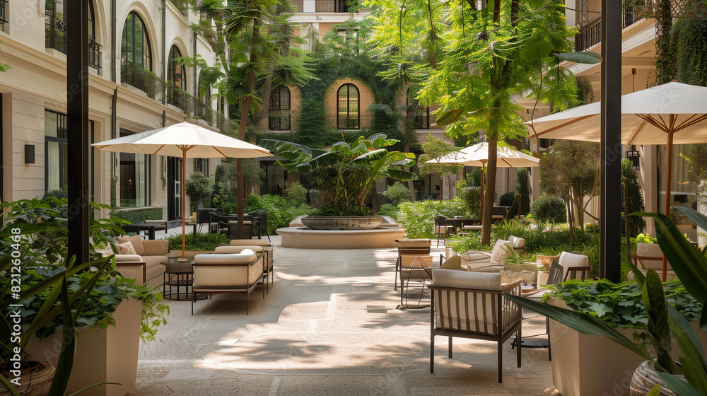 Obraz premium A tranquil courtyard garden tucked within the hotel grounds, offering guests a blissful refuge away from the hustle and bustle of the city.