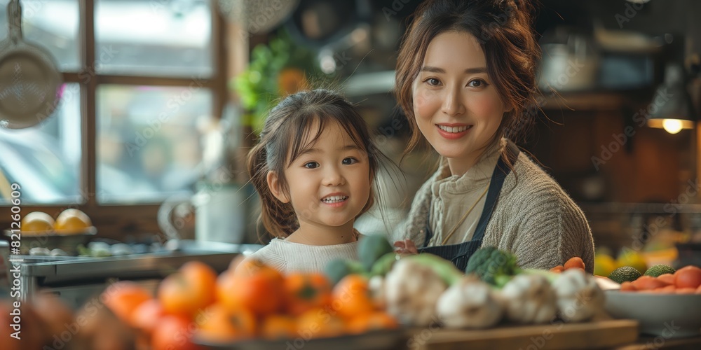 An American Asian mother and her daughter preparing tasty food in the kitchen, smiling at the camera.