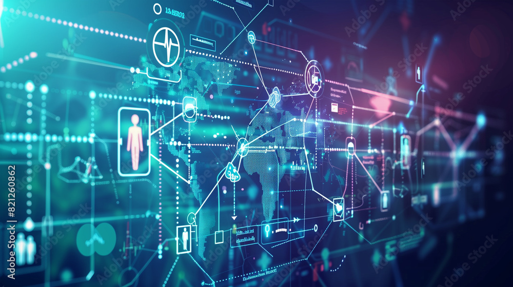 Digital health ecosystem, visualizing the interconnectivity between telehealth services, wearable devices, and patient data analytics Digital health ecosystem, visualizing the interconnectivity between telehealth services, wearable devices, and patient data analytics