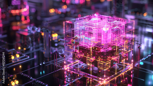 Illustration of a quantum computer core, visualized with glowing qubits and intricate circuitry in a high-tech lab environment © SRITE KHATUN