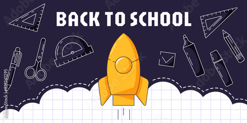 Back to school horizontal banner, vector minimalist design. School supplies and stationery, rocket launch. Education, learning, knowledge concept. For poster, web, flyer, business, event, party