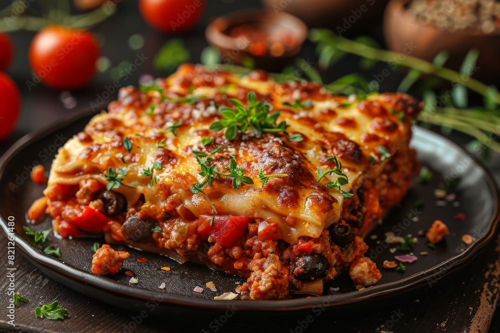 Deliciously baked lasagna topped with herbs and cheese, served on a black plate with a relaxed and cozy ambiance Deliciously baked lasagna topped with herbs and cheese, served on a black plate with a relaxed and cozy ambiance