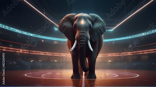 Sci-fi illustration with glowing lines, An elephant playing basketball on a futuristic court
