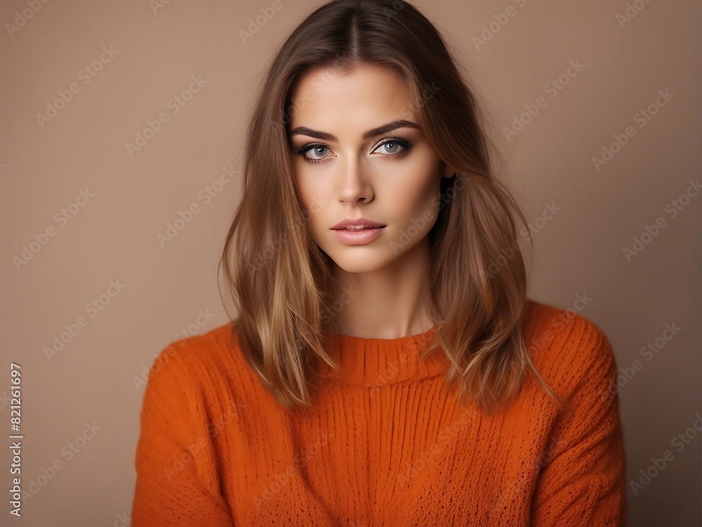 Beautiful young girl in an orange sweater and jeans standing in style. Fashionable woman. Generative AI Beautiful young girl in an orange sweater and jeans standing in style. Fashionable woman. Generative AI