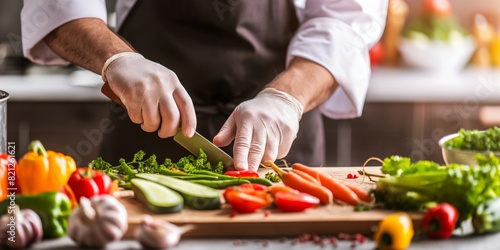 Professional chef in a kitchen with gloves slicing fresh vegetables on a wooden board with variety of colorful ingredients around