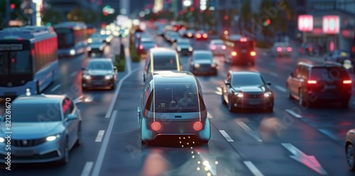 Revolutionized urban traffic system with autonomous vehicles smoothly navigating through smart city streets photo