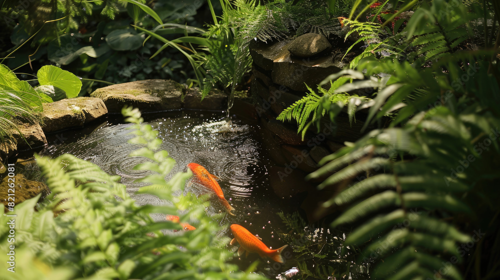 Tranquil garden pond with a stone basin, trickling water, vibrant koi fish, and lush green ferns creating a serene ambiance.