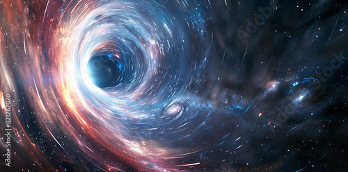 Interstellar travel portal depicting a gateway between galaxies, with travelers transitioning through a swirling vortex of light