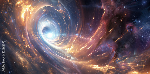 Interstellar travel portal depicting a gateway between galaxies, with travelers transitioning through a swirling vortex of light