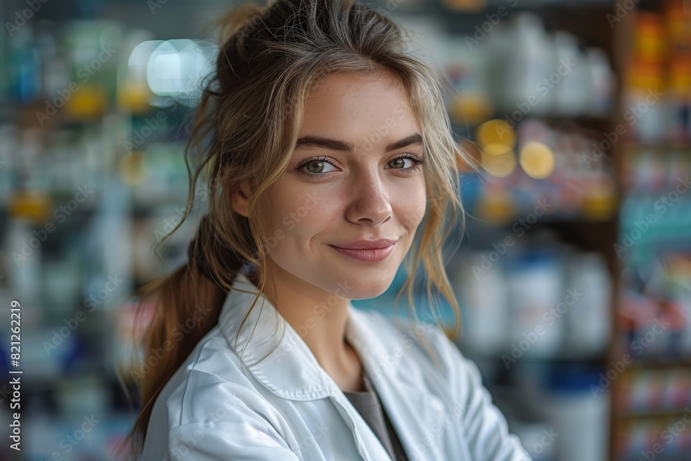 A young and friendly female pharmacist poses against a background of shelves with pharmaceuticals A young and friendly female pharmacist poses against a background of shelves with pharmaceuticals
