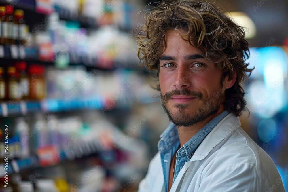 Obraz premium A cheerful young male pharmacist stands in front of a pharmacy shelf with medications