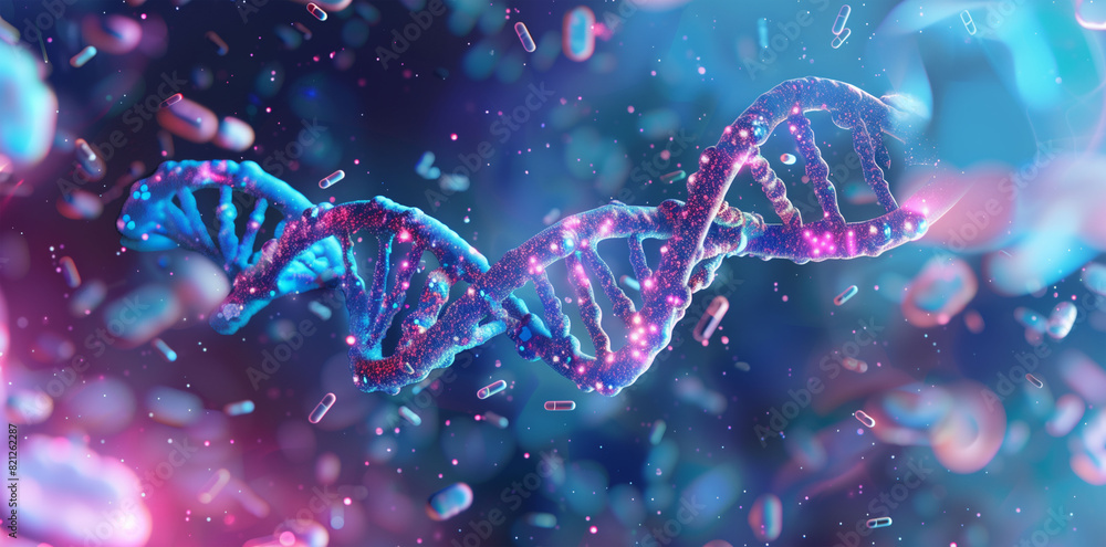 Biomedical visualization of a human cell at the molecular level, highlighting interactions between DNA and pharmaceutical agents Biomedical visualization of a human cell at the molecular level, highlighting interactions between DNA and pharmaceutical agents