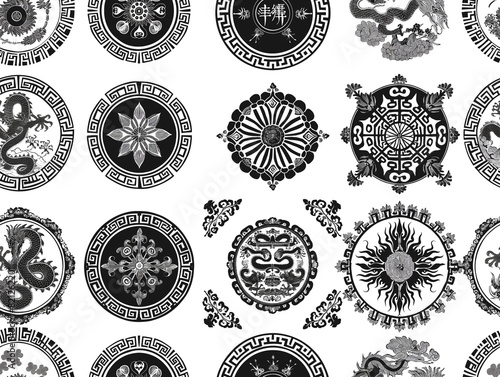 seamless black and white pattern with intricate asian motifs and dragons  ideal for wallpaper or textile design