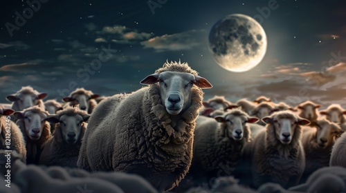 eid ul Adha Mubarak, happy Eid al Adha, sheep with moon in the background. herd of sheep with an Islamic background.