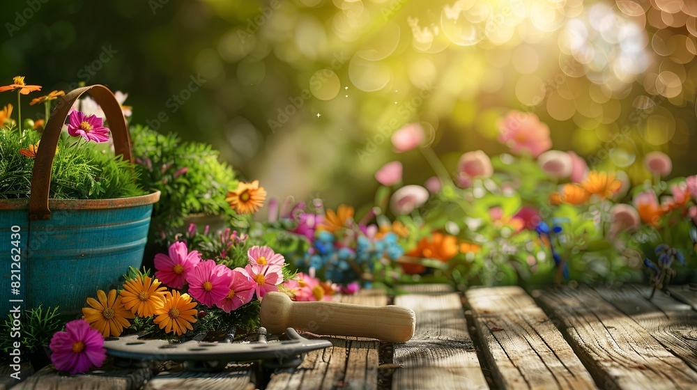 A diverse array of colorful flowers bloom in a garden, surrounded by gardening tools on a wooden surface, with a blurred natural background. Generative AI A diverse array of colorful flowers bloom in a garden, surrounded by gardening tools on a wooden surface, with a blurred natural background. Generative AI