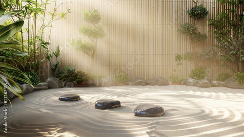 Tranquil Zen garden with raked sand, stones, green plants, and bamboo, evoking peacefulness in a sunlit, modern indoor setting.