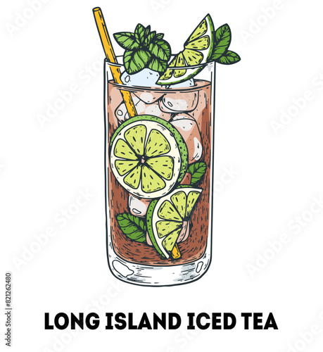 Long island iced tea cocktail illustration. Hand drawn sketch. Vector illustration. Isolated object.