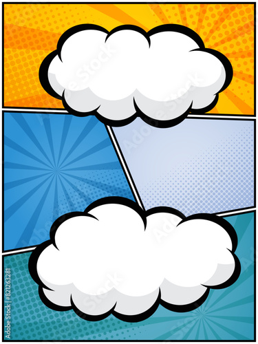 colorful comic book, pop art cartoon layout template halftone dotted background © nakedcm