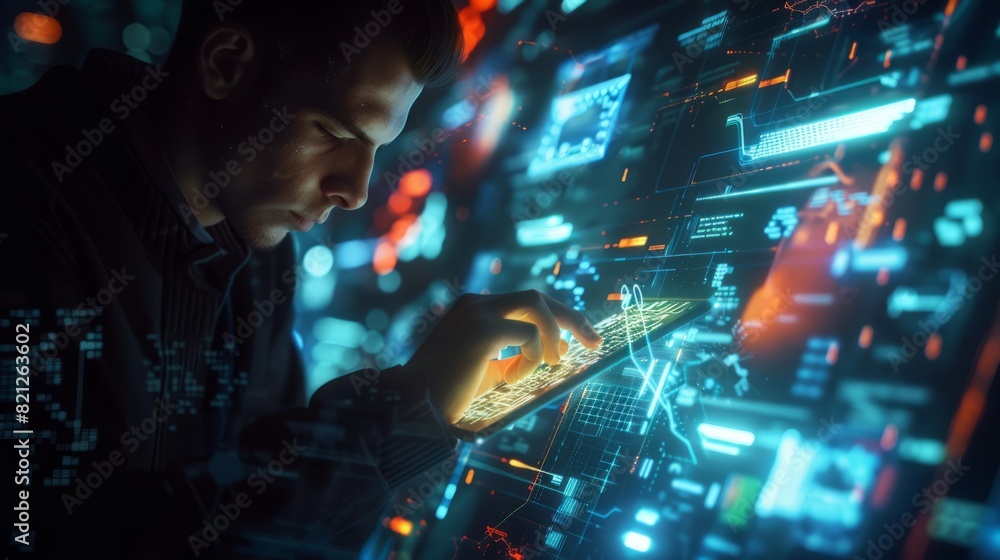 Futuristic technology concept - man using advanced digital tablet for innovative project development in modern workspace Futuristic technology concept - man using advanced digital tablet for innovative project development in modern workspace