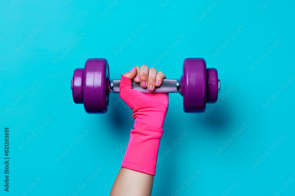 female hand in a pink sports glove holds a purple one dumbbell on a blue background female hand in a pink sports glove holds a purple one dumbbell on a blue background