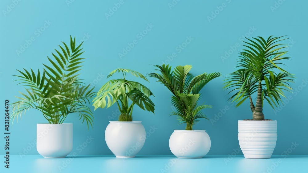 House Plants in White Pots on Blue Background: Bohemian Style Tropical Plant in Ceramic Pot. Plain Isolated on White Background.