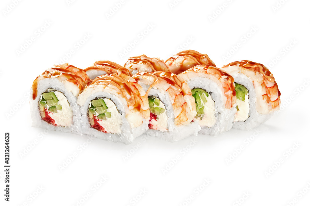 Japanese sushi rolls with cucumber, tobiko, cream cheese and shrimp Japanese sushi rolls with cucumber, tobiko, cream cheese and shrimp
