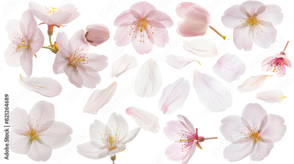 Set of cherry blossom petals, featuring soft pinks and whites, with a focus on their transient beauty, Set of cherry blossom petals, featuring soft pinks and whites, with a focus on their transient beauty,