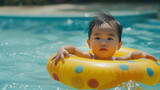 An asian baby with a yellow inflatable circle is having fun swimming in a pool. a cute little child on vacation in the pool or water park.
