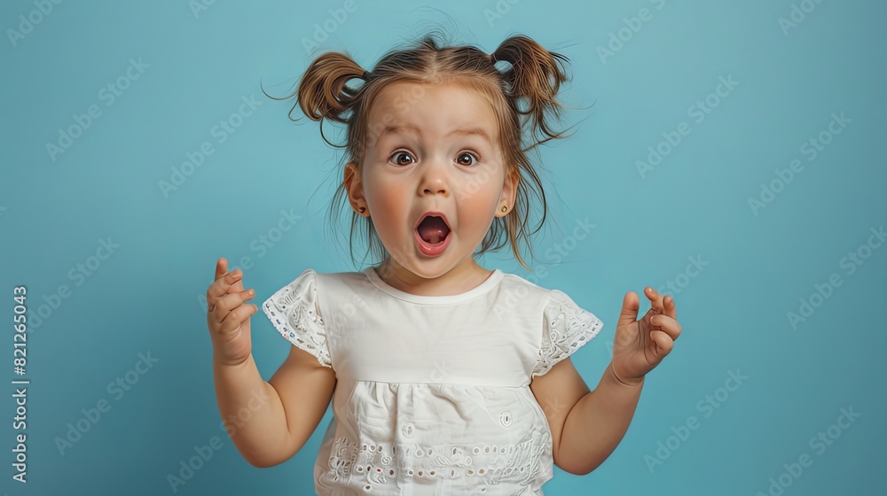Surprised little girl with pigtails and wide eyes on Blue Background. Surprised little girl with pigtails and wide eyes on Blue Background.
