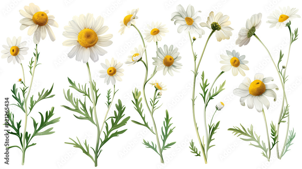 Set of chamomile flowers, featuring daisy-like white and yellow flowers known for their soothing tea benefits Set of chamomile flowers, featuring daisy-like white and yellow flowers known for their soothing tea benefits