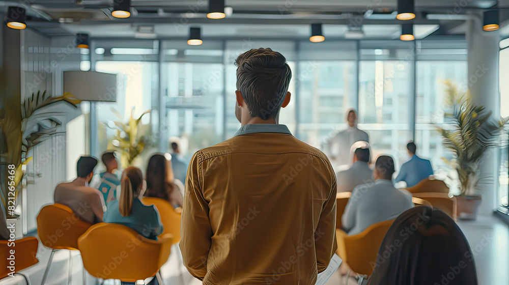 Fototapeta premium Employees who attend training or business seminars of the organization Professional business coaches speak for diverse nationalities in a spacious, modern interior office. diverse audience back view f