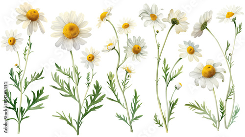 Set of chamomile flowers, featuring daisy-like white and yellow flowers known for their soothing tea benefits