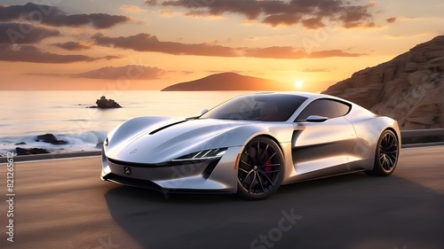 Luxury Sports Car  Imagine a sleek and powerful sports car driving along a coastal road at sunset. Detail its design  speed  and the sense of freedom it evokes.