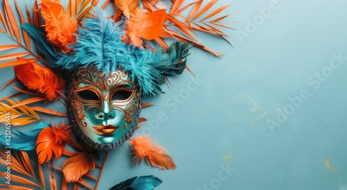 Mask With Feathers on Blue Background © yganko