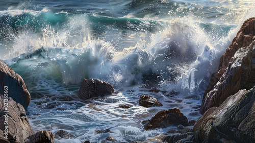 Waves crashing against rocky shoreline  spraying droplets in the sunlight  creating a dynamic and refreshing coastal scene.