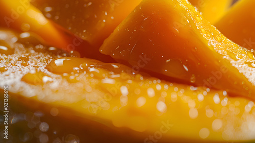 close-up of a mango's skin with water droplets, showcasing the vibrant colors and textures of the fruit