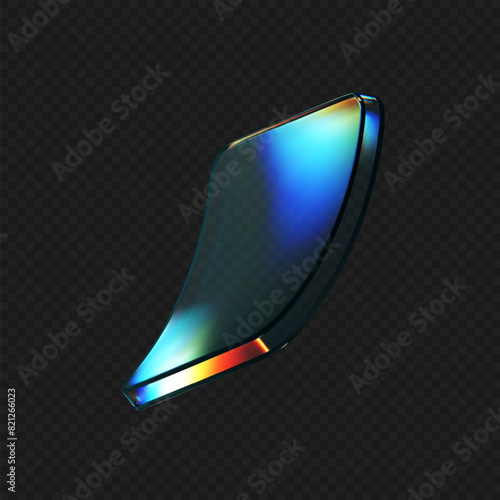 3d deform glass crystal liquid figure with rainbow reflection light isolated on dark background. Transparent flying 3d curvy glass square shapes or button with hologram gradient. 3d vector figure