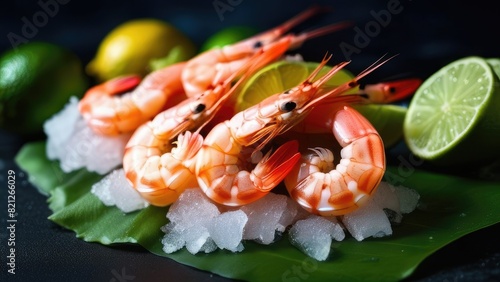 Fresh shrimps with ice and lime on dark background, top view. Concept of healthy food.