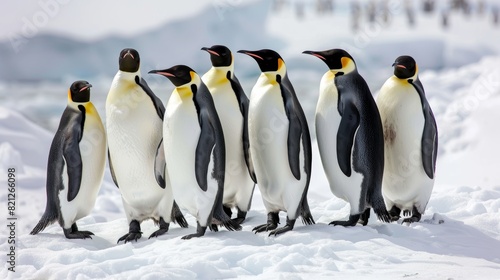 Group of penguins huddled on an icy landscape  with snowcovered terrain and icy waters  representing wildlife in an Antarctic habitat  isolated on a white background