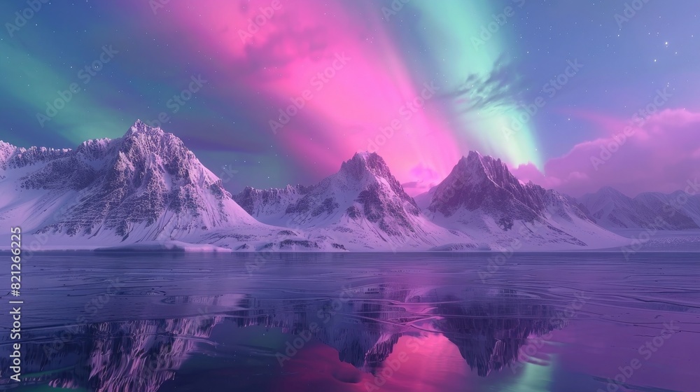 3d render of beautiful northern lights over mountains with reflection in lake, pink purple green sky