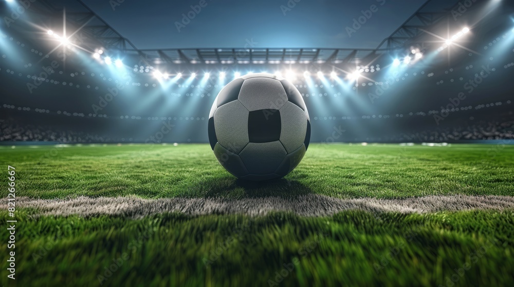 Naklejka premium Soccer Ball in a Stadium with Lights. A classic black and white soccer ball on green grass in the center of a stadium, illuminated by spotlights