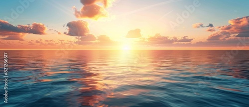 Expansive horizon over a calm ocean at sunset  with vibrant colors reflecting on the water  creating a peaceful scene  isolated on a white background