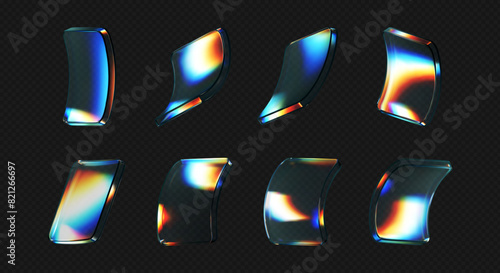 3d deform glass crystal liquid figure set with rainbow reflection light isolated on dark background. Transparent flying 3d curvy glass square shapes or button with hologram gradient. 3d vector figure