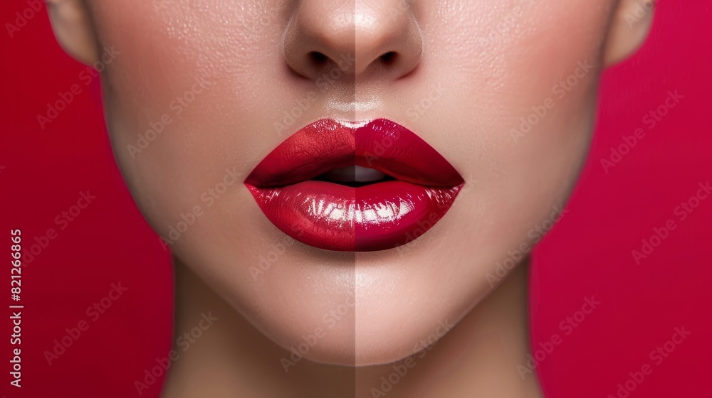 Obraz premium woman with red lips, lipstick exhibition concept generative ai
