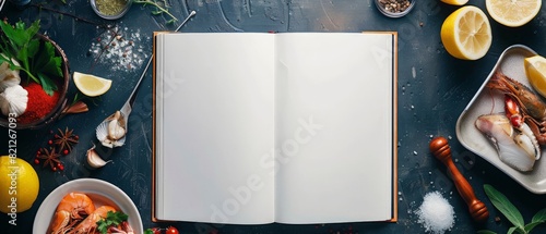Blank cookbook page surrounded by ingredients.