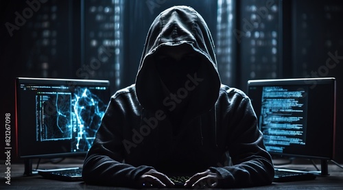 A shadowy figure of a hacker with a hoodie sits in a dark room, typing malicious code on a computer with multiple screens