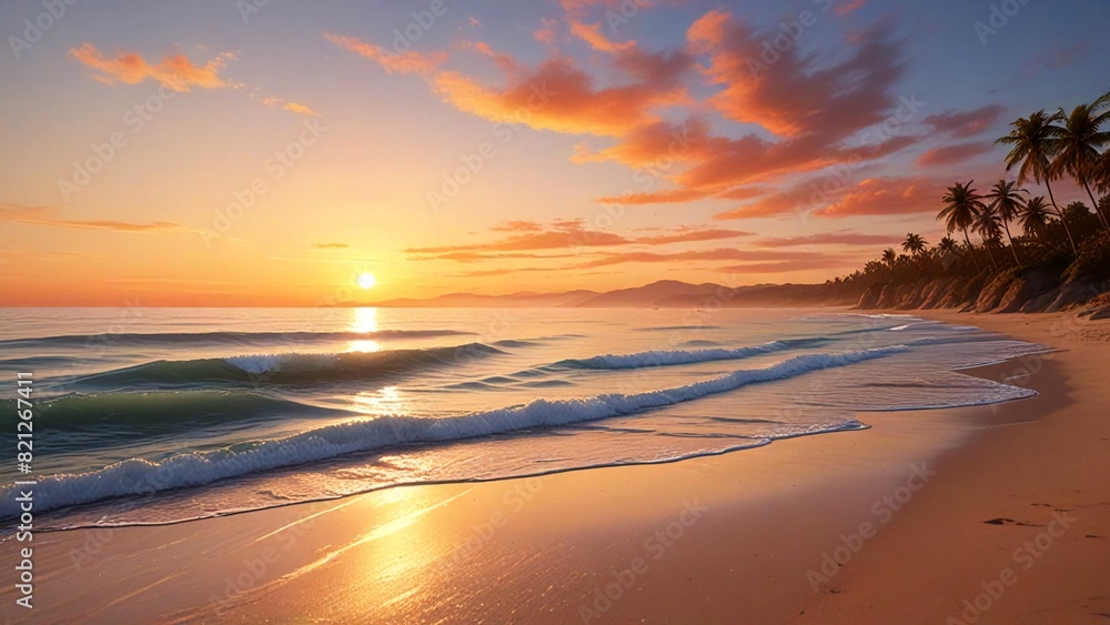 Stunning Sunset Over a Serene Beach with Gentle Waves